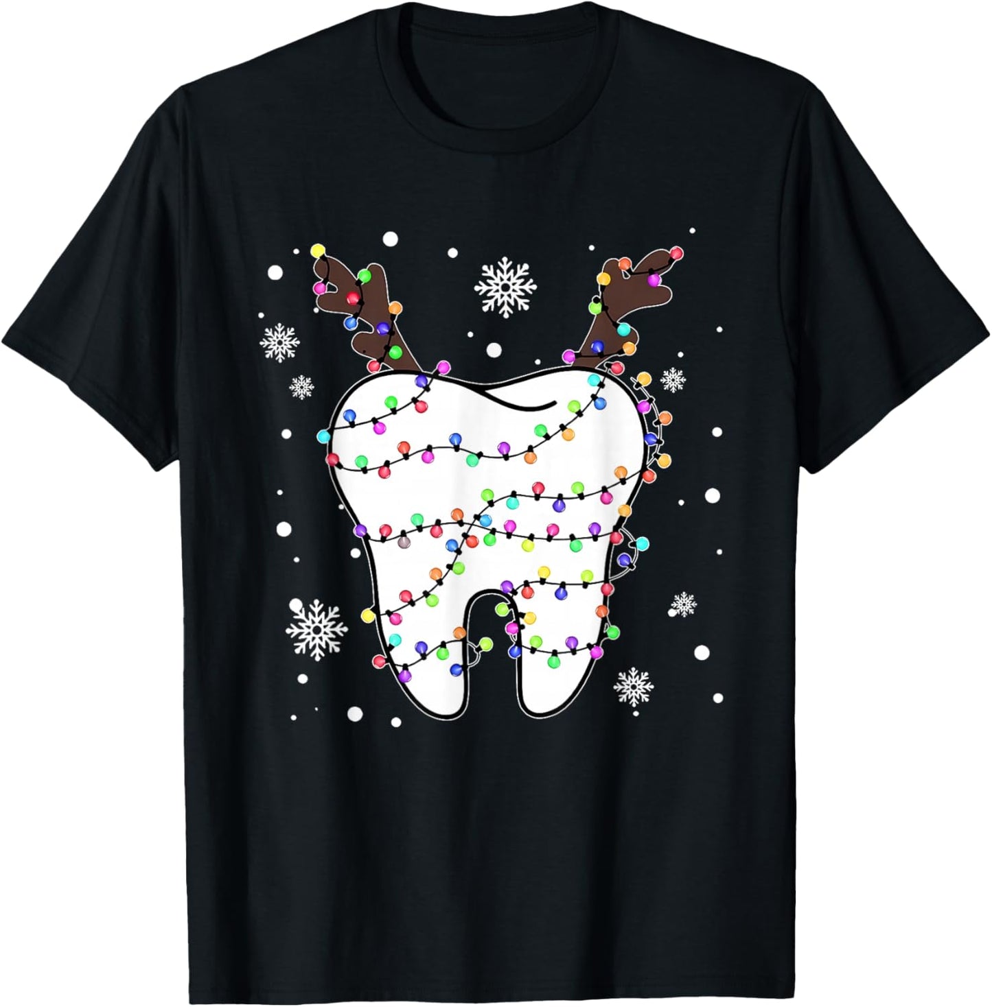Funny Reindeer Teeth Dental Hygiene Christmas Tree Lights T-Shirt - T-Shirt | Black