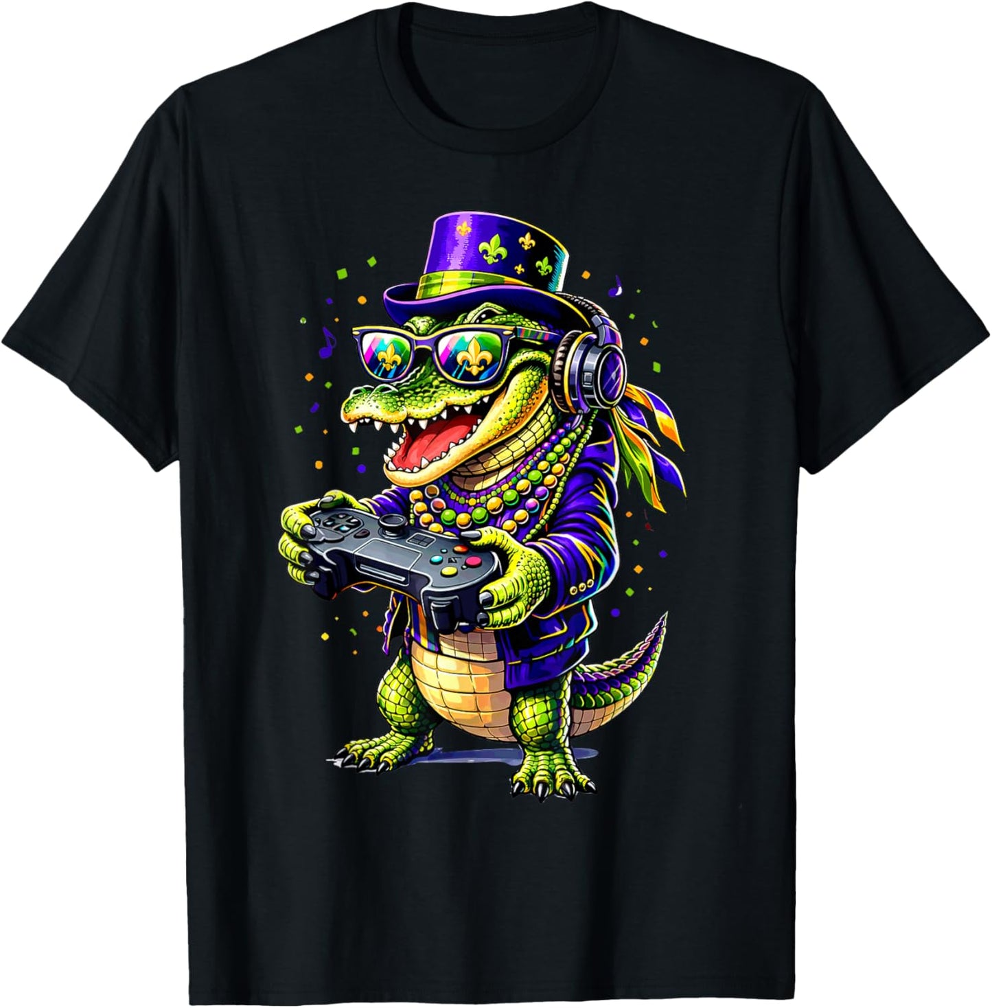 Funny Alligator Playing Video Game Gamer Gaming Mardi Gras T-Shirt - T-Shirt | Black