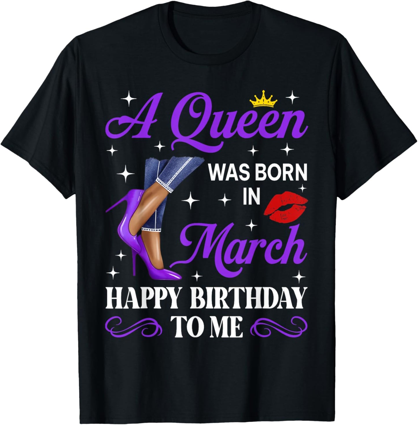 A Queen was Born in March Birthday Afro Woman High Heels T-Shirt - T-Shirt | Black