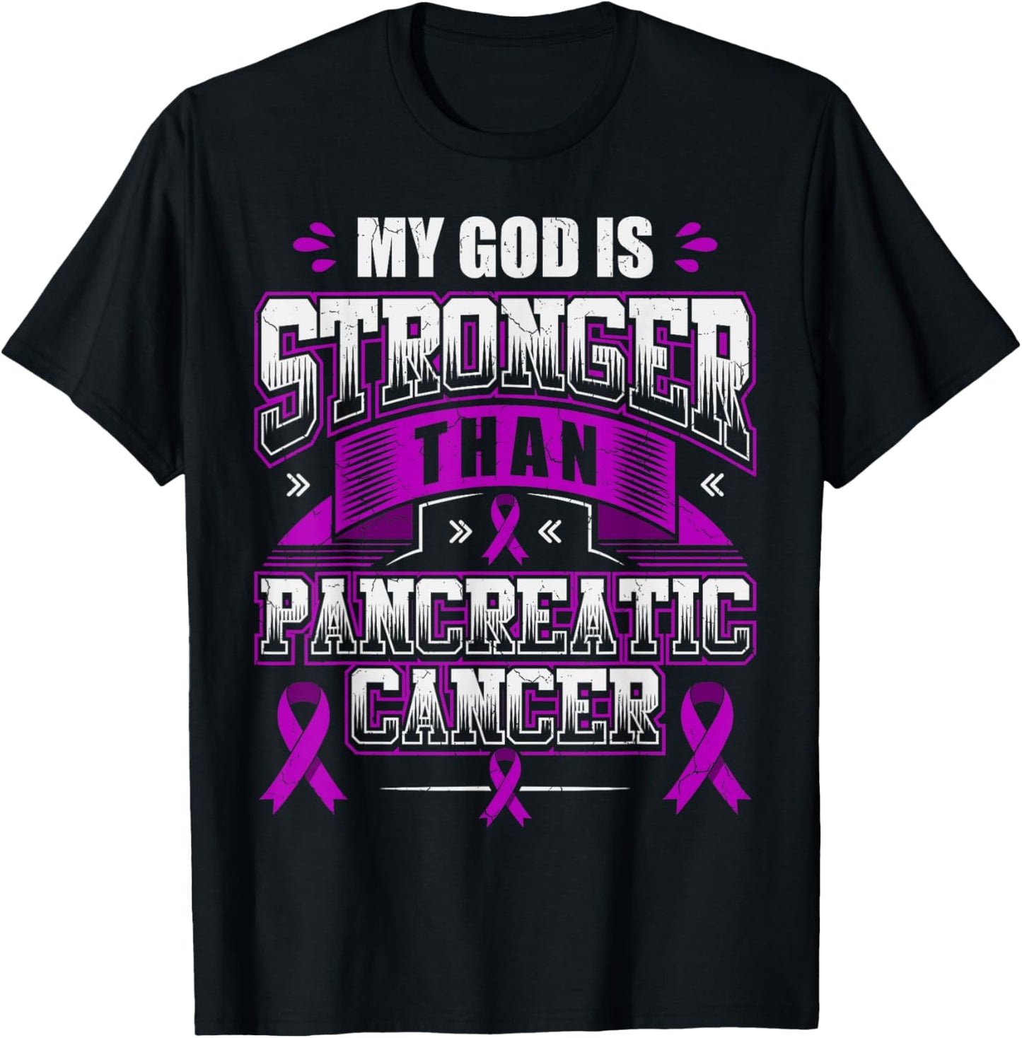 God is Stronger Pancreatic Cancer Month Awareness Ribbon T-Shirt - T-Shirt | Black