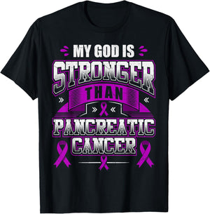 God is Stronger Pancreatic Cancer Month Awareness Ribbon T-Shirt - T-Shirt | Black