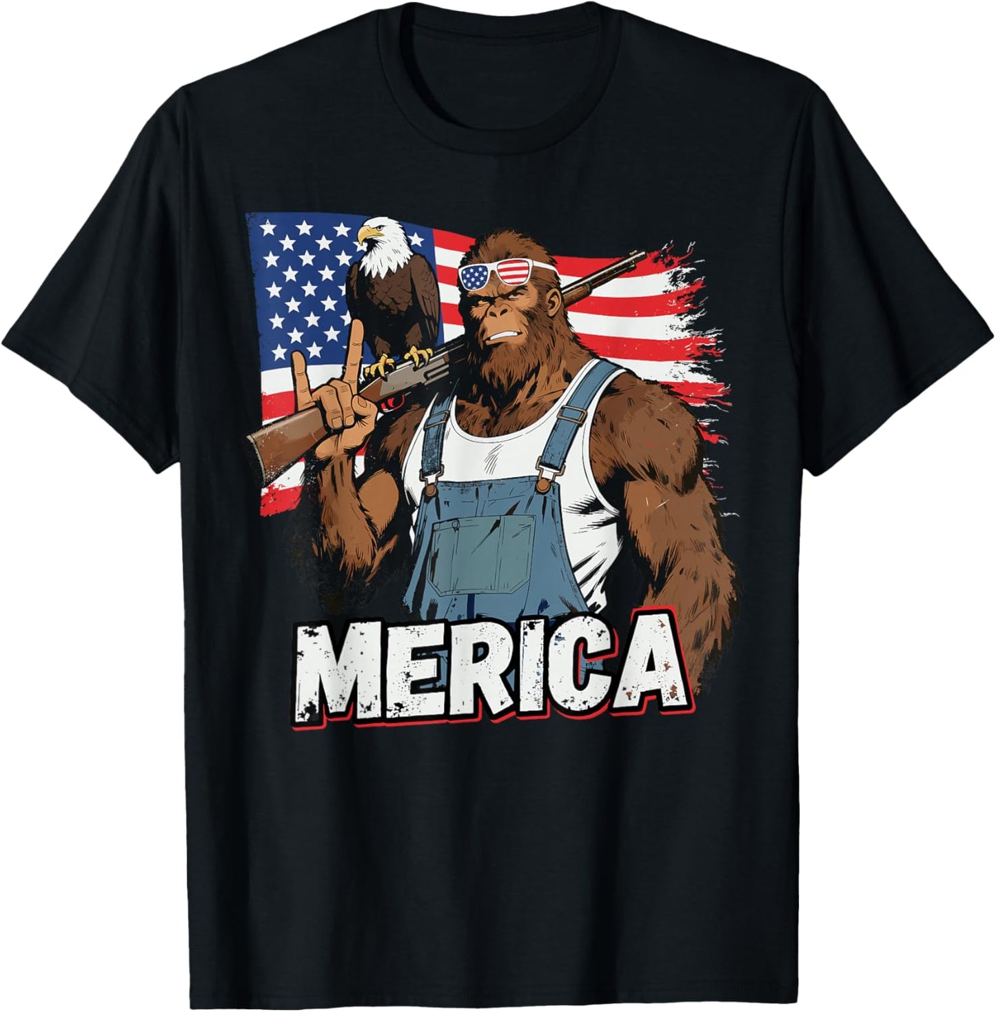Bigfoot Merica Rock American Flag Patriotic 4th of July T-Shirt - T-Shirt | Black