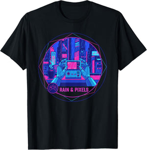Cyberpunk Lo-fi Rainy Night Aesthetic Urban Pixel Art T-Shirt - T-Shirt | Black