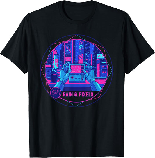 Cyberpunk Lo-fi Rainy Night Aesthetic Urban Pixel Art T-Shirt - T-Shirt | Black