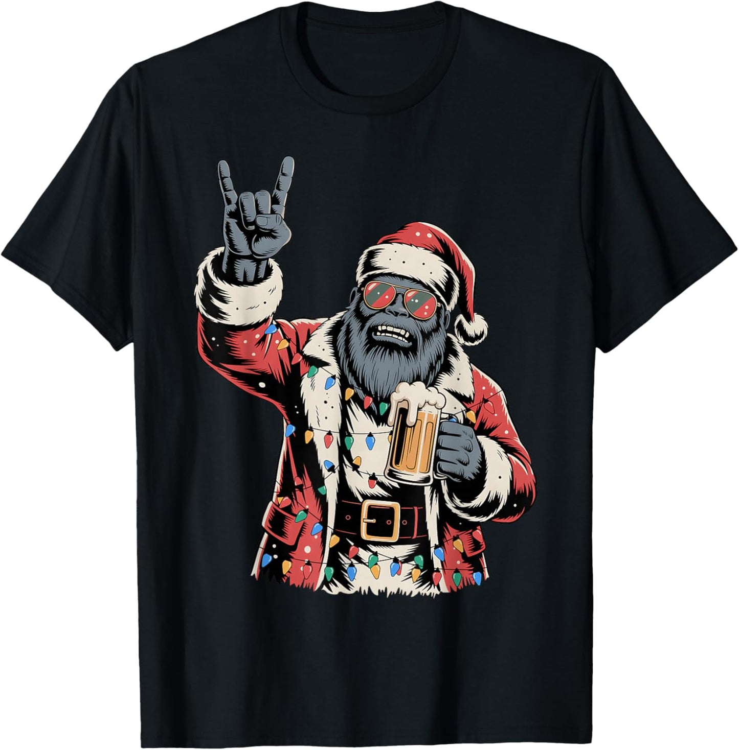 Rock Santa Bigfoot Sasquatch Beer Funny Christmas Men Women T-Shirt - T-Shirt | Black