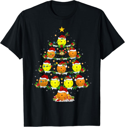 Pickleball Christmas Tree Lights Funny Sports Player Xmas T-Shirt - T-Shirt | Black