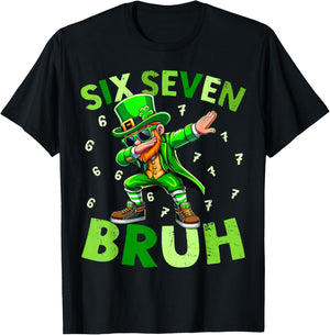 Six Seven Bruh St Patricks Day Shirt Dabbing Leprechaun Kids T-Shirt - T-Shirt | Black