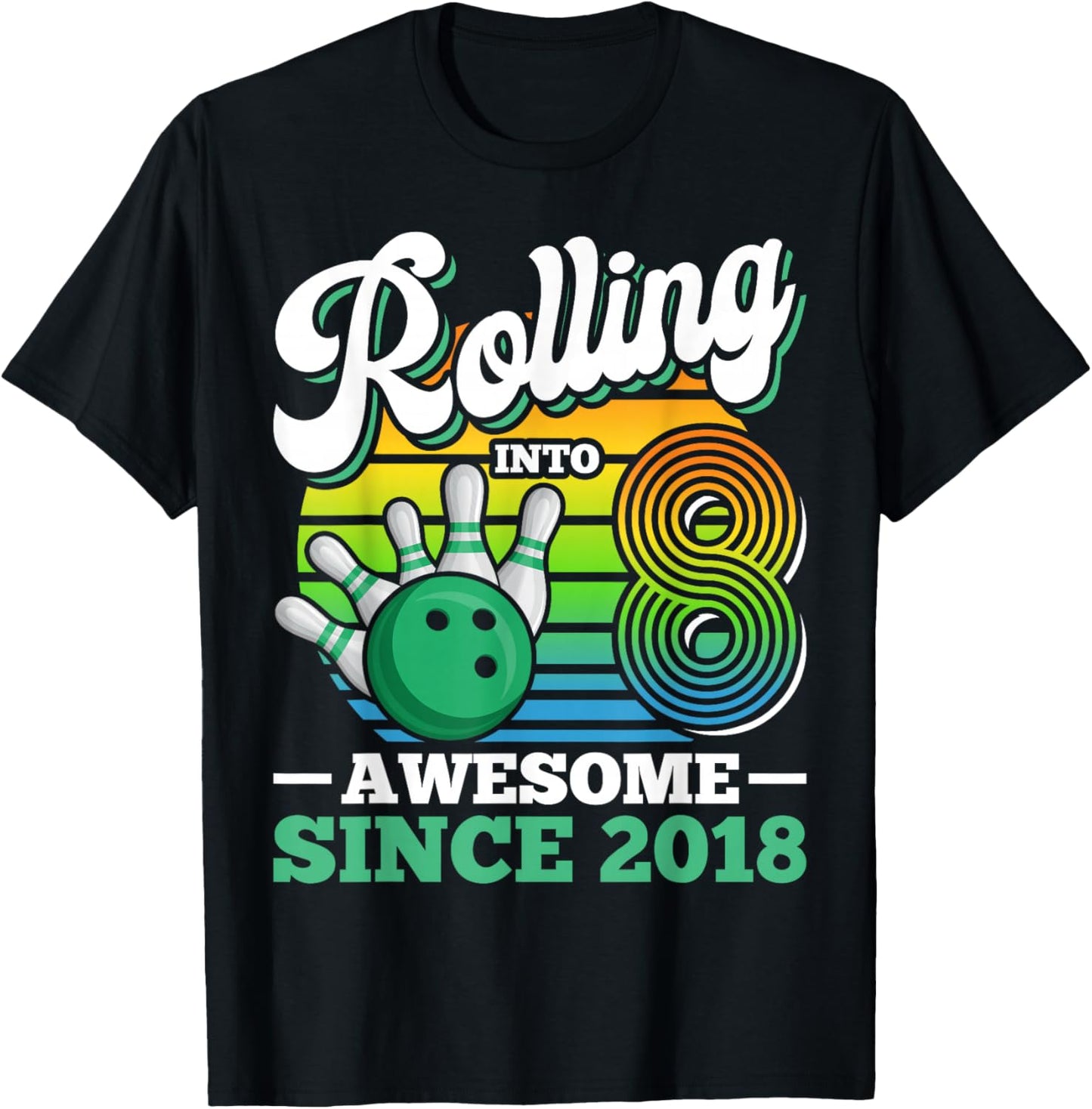 Rolling Into 8 Boy Retro Bowling Birthday Party 8th Birthday T-Shirt - T-Shirt | Black