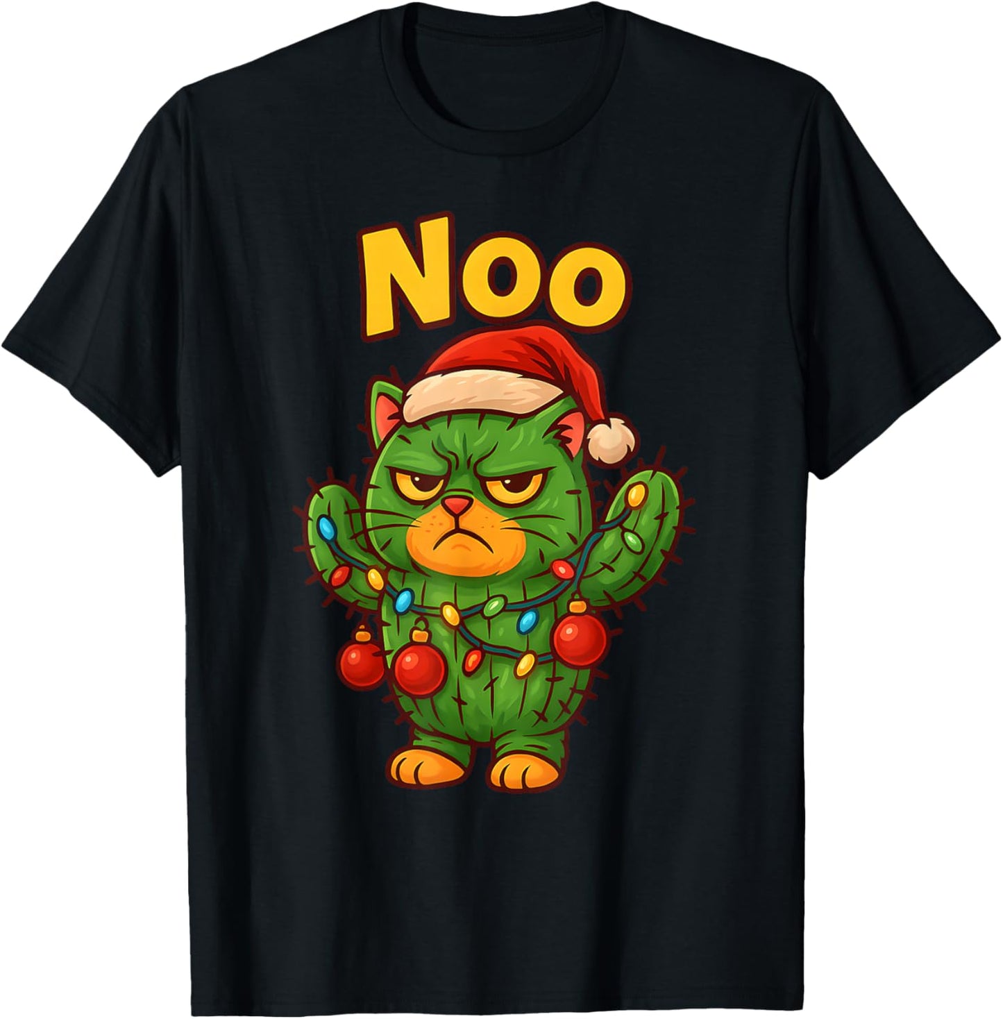 NOO Funny Christmas Cat Cactus, Grumpy Holiday Meme-Cat T-Shirt - T-Shirt | Black