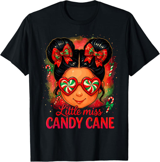 Cute Little Miss Candy Cane Shirt Women, Messy Bun Christmas T-Shirt - T-Shirt | Black