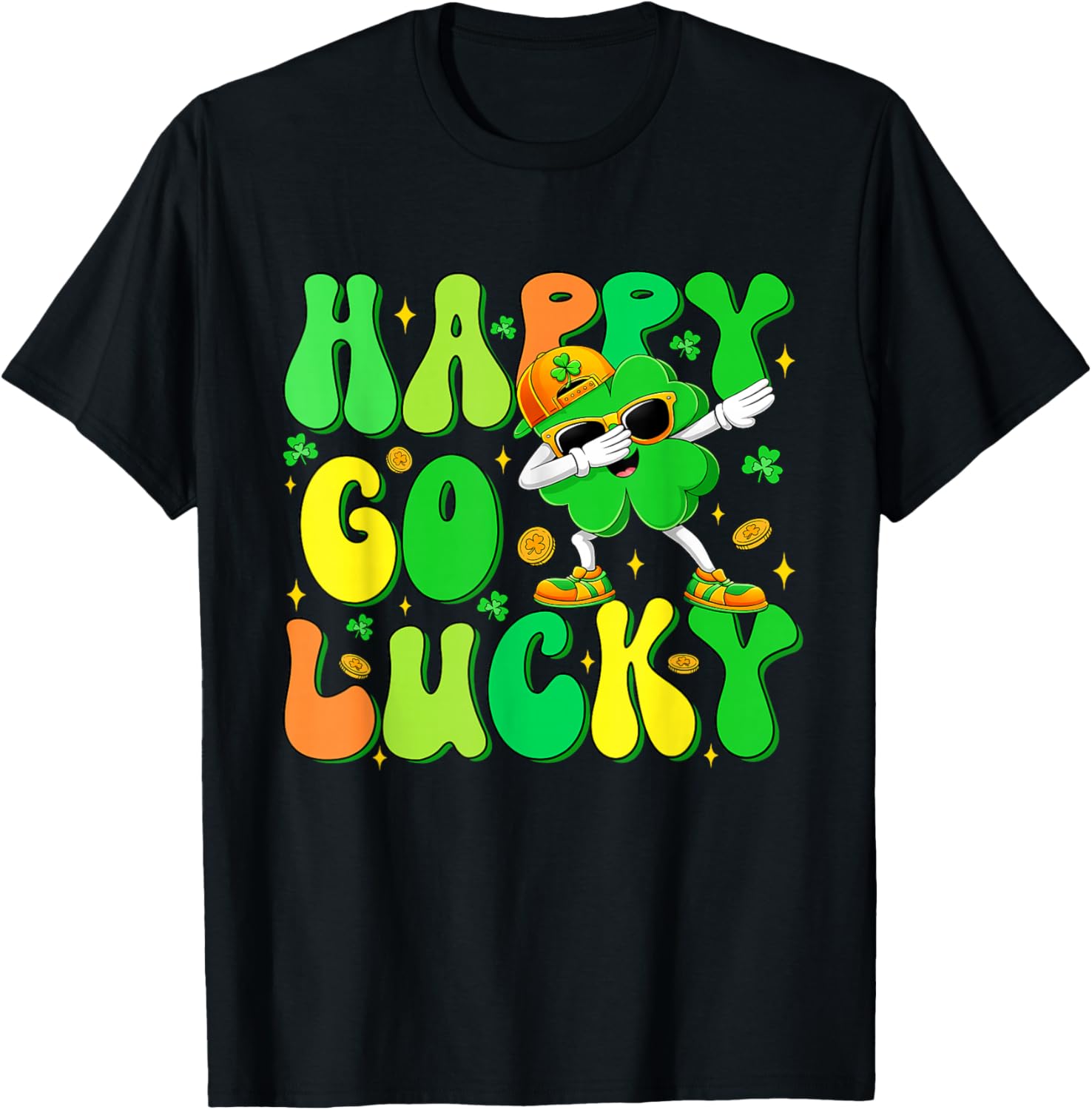 Funny St Patrick's Day Happy Go Lucky Shamrock Cute Dabbing T-Shirt - T-Shirt | Black