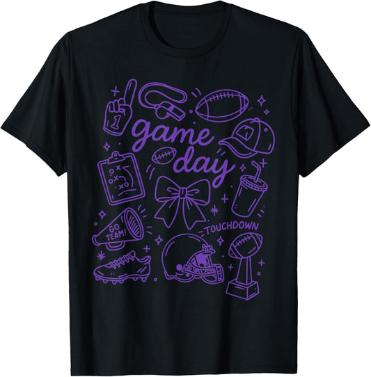 Purple Coquette Bow Cheer Game Day Doodle Touchdown Football T-Shirt - T-Shirt | Black