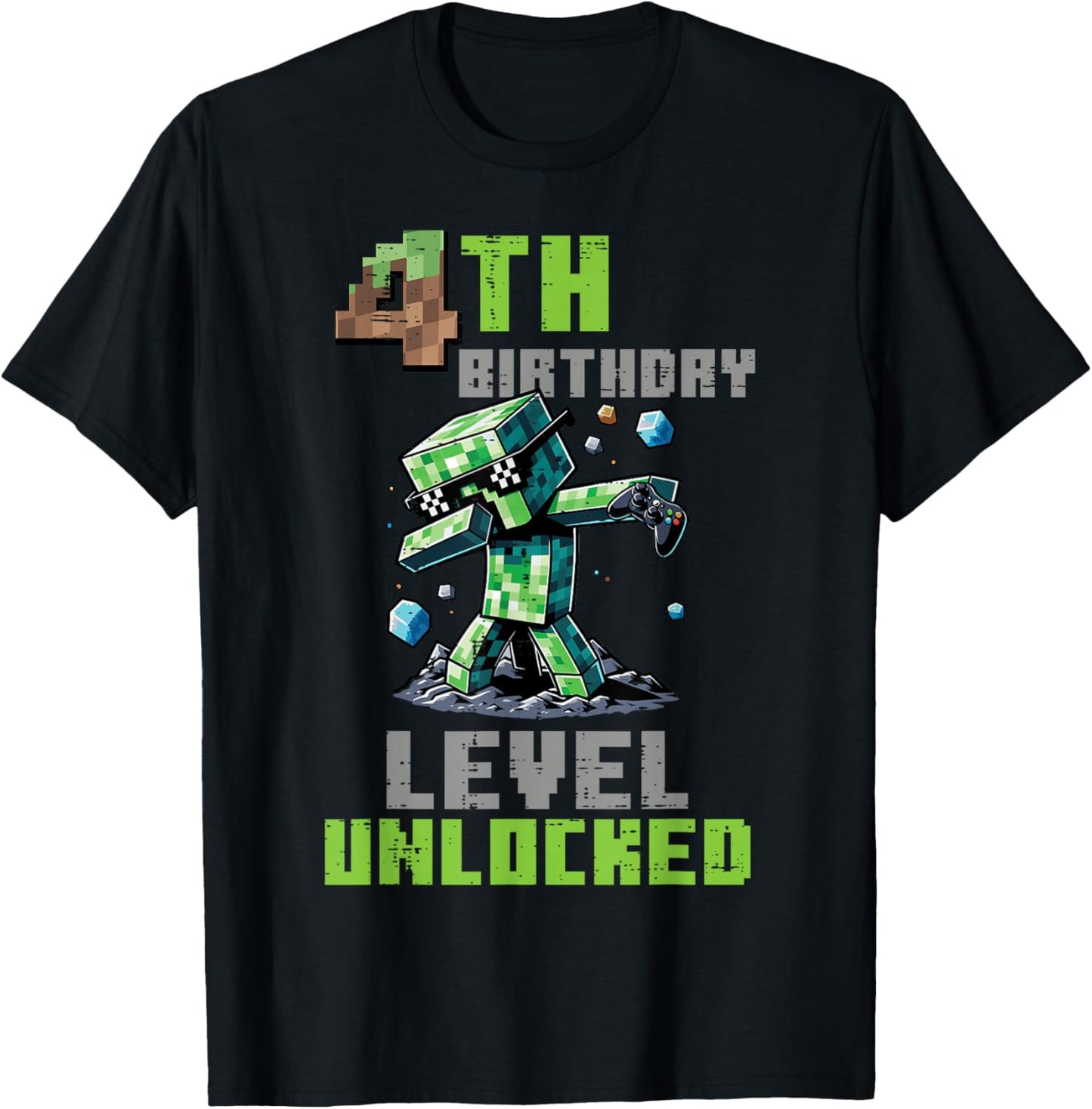 4th Birthday Level Unlocked Pixel Dab 4 Bday Gamer Boys Kids T-Shirt - T-Shirt | Black