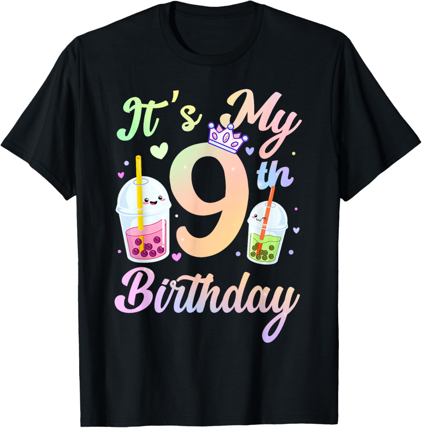 It's My 9th Birthday Bubble Boba Tea Party 9 Year Old Girls T-Shirt - T-Shirt | Black