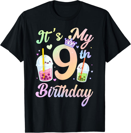 It's My 9th Birthday Bubble Boba Tea Party 9 Year Old Girls T-Shirt - T-Shirt | Black