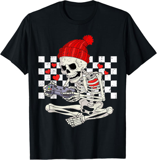Funny Boys Valentines Skeleton Gamer Video Games Gaming T-Shirt - T-Shirt | Black