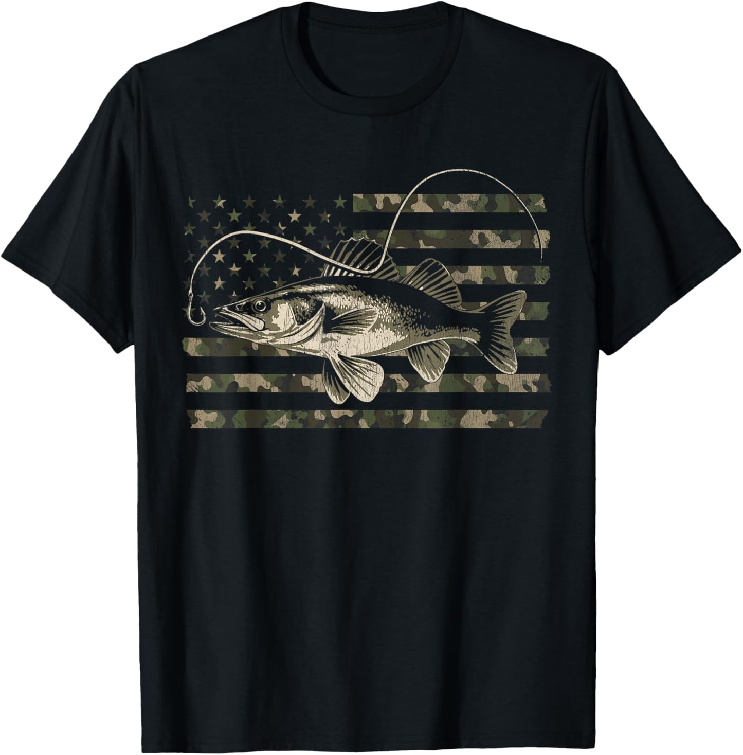 Walleye Fishing Camo American Flag T-Shirt - T-Shirt | Black