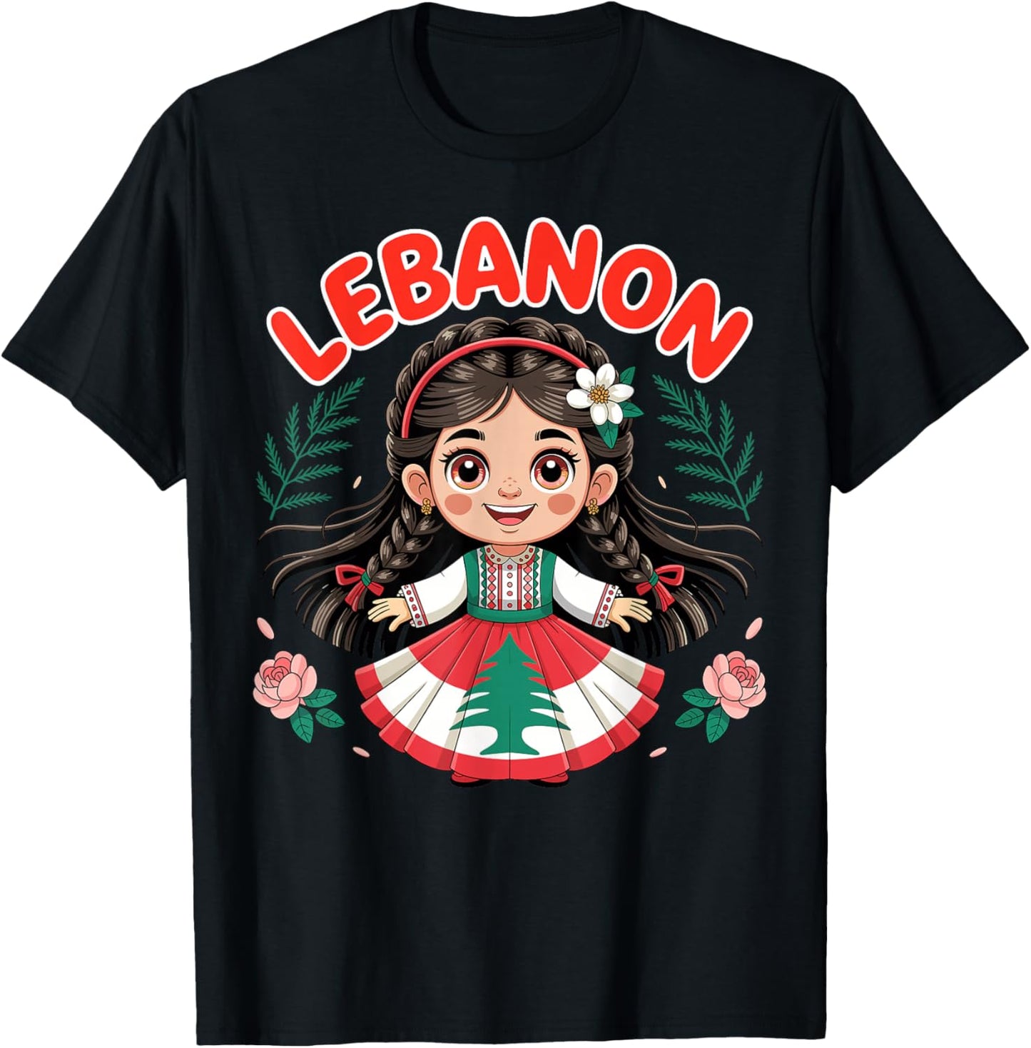 Lebanese Girl Traditional Dress with Flag Colors and Flowers T-Shirt - T-Shirt | Black