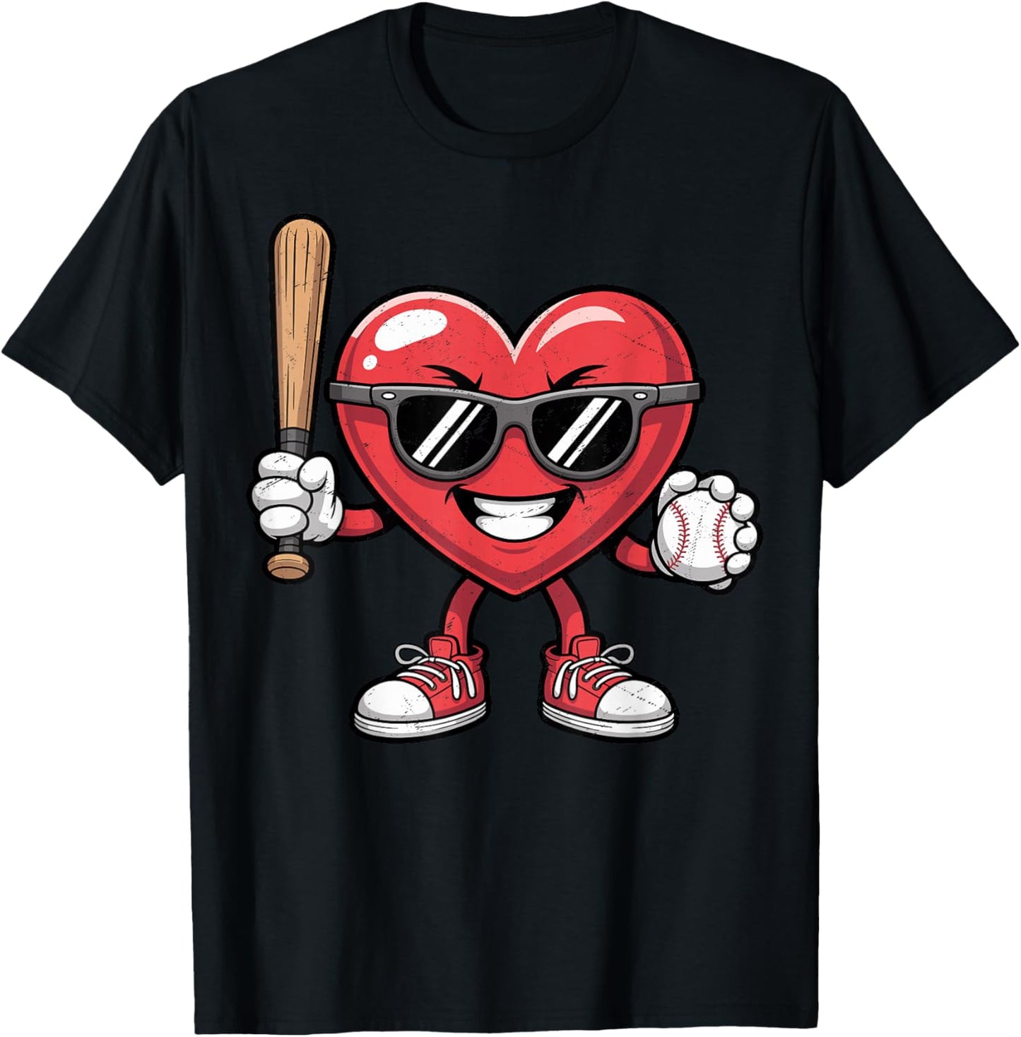 Valentines Day Heart Playing Baseball Boys Men Kids Girls T-Shirt - T-Shirt | Black