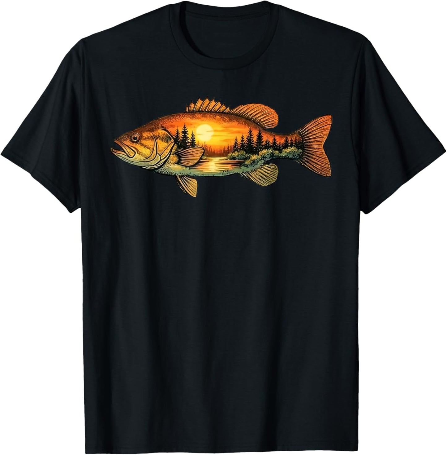 Smallmouth bass Fishing Sunset Nature Landscape T-Shirt - T-Shirt | Black