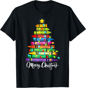 Teacher Crayon Merry Christmas Tree Lights School Xmas T-Shirt - T-Shirt | Black