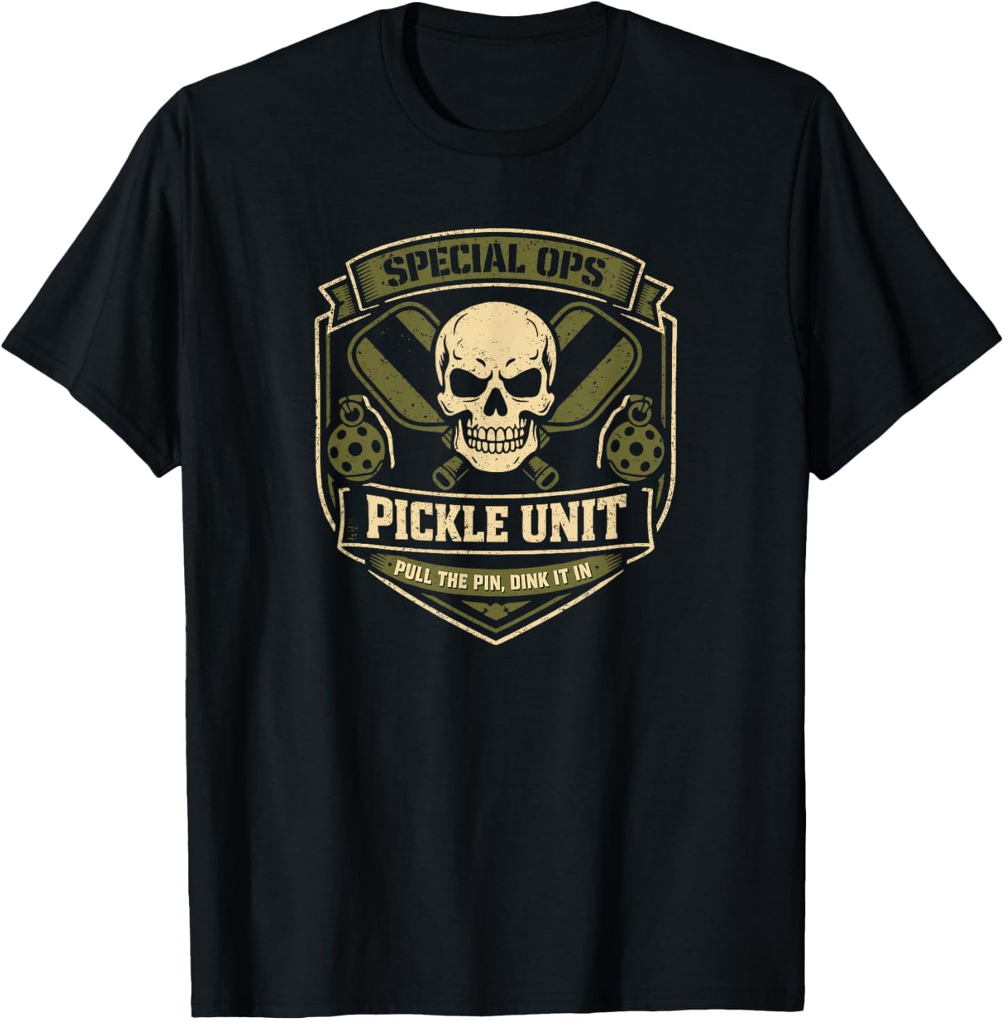 Special Ops Pickle Unit Skull Pickleball Player Dinker Funny T-Shirt - T-Shirt | Black