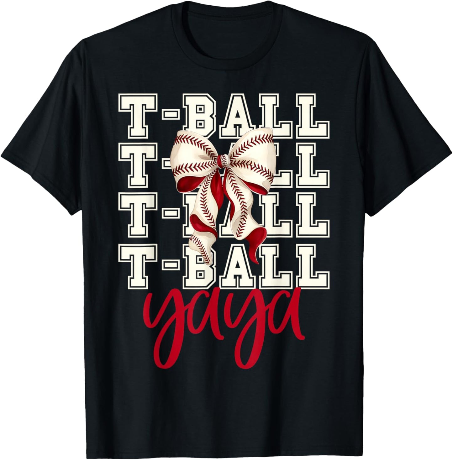 Tball Yaya Teeball T-Ball Coquette Baseball Bow T-Shirt - T-Shirt | Black