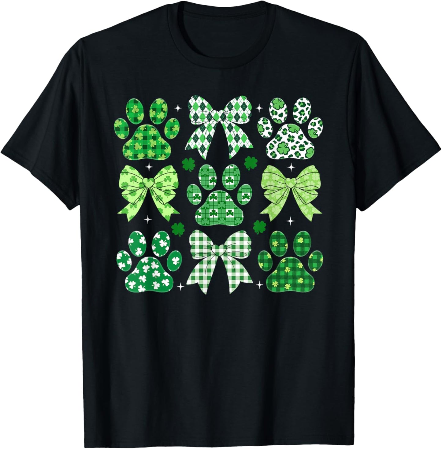 Coquette Bow Dog Paw St Patricks Day Irish Lucky Shamrock T-Shirt - T-Shirt | Black