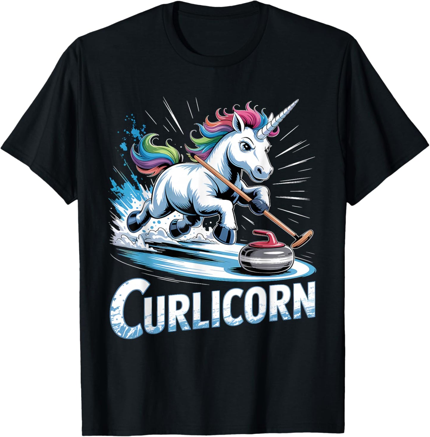 Curling Unicorn Ice Curling Player Ice Sport Funny Curling T-Shirt - T-Shirt | Black