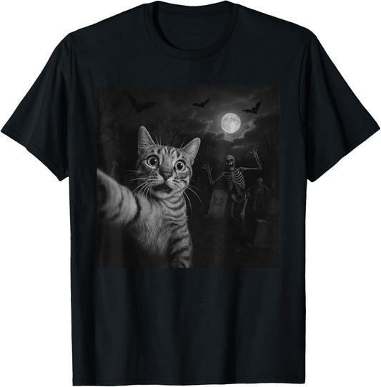 Funny Halloween Surprised Scared Cat Selfie Spooky Skeleton T-Shirt - T-Shirt | Black