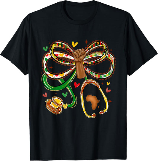 Black History Nurse Coquette Bow Stethoscope Nursing T-Shirt - T-Shirt | Black
