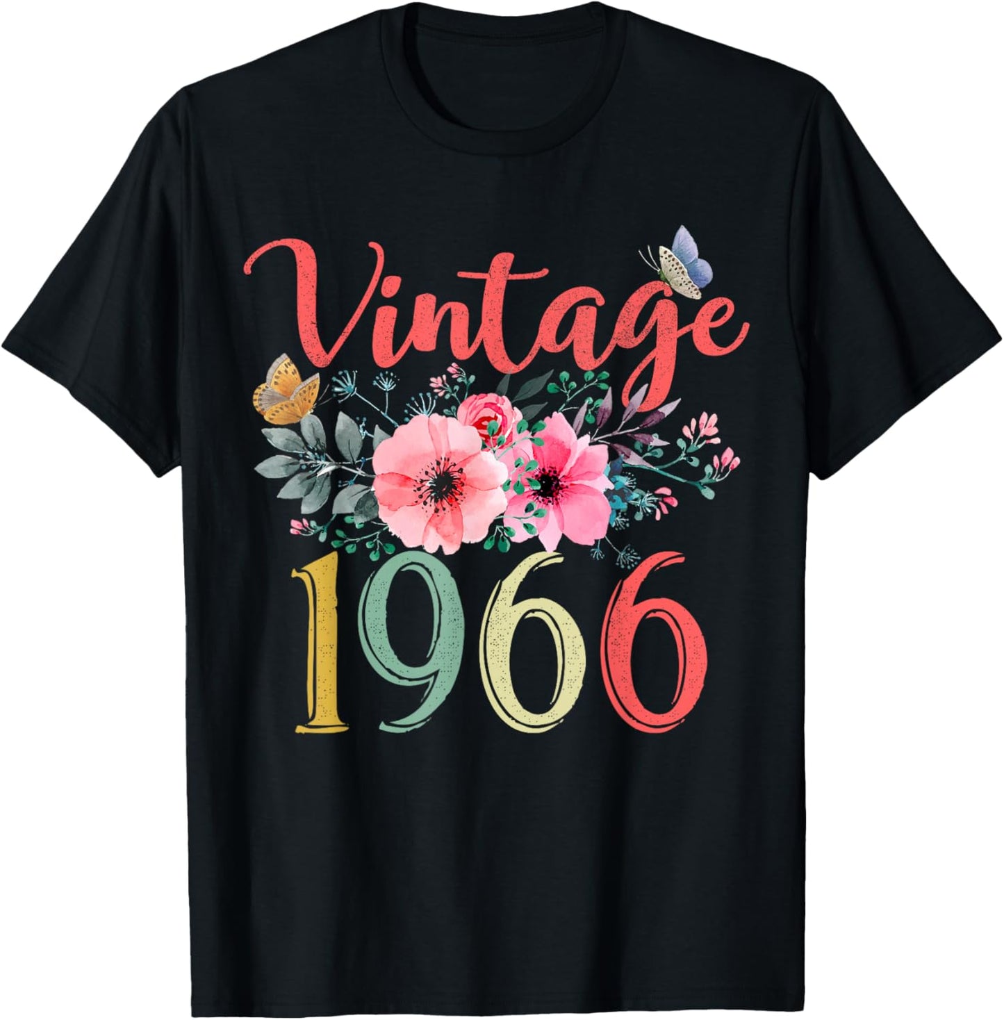 Vintage 1966 Floral Hippie Groovy Wildflower 60th Birthday T-Shirt - T-Shirt | Black