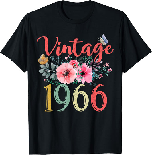 Vintage 1966 Floral Hippie Groovy Wildflower 60th Birthday T-Shirt - T-Shirt | Black