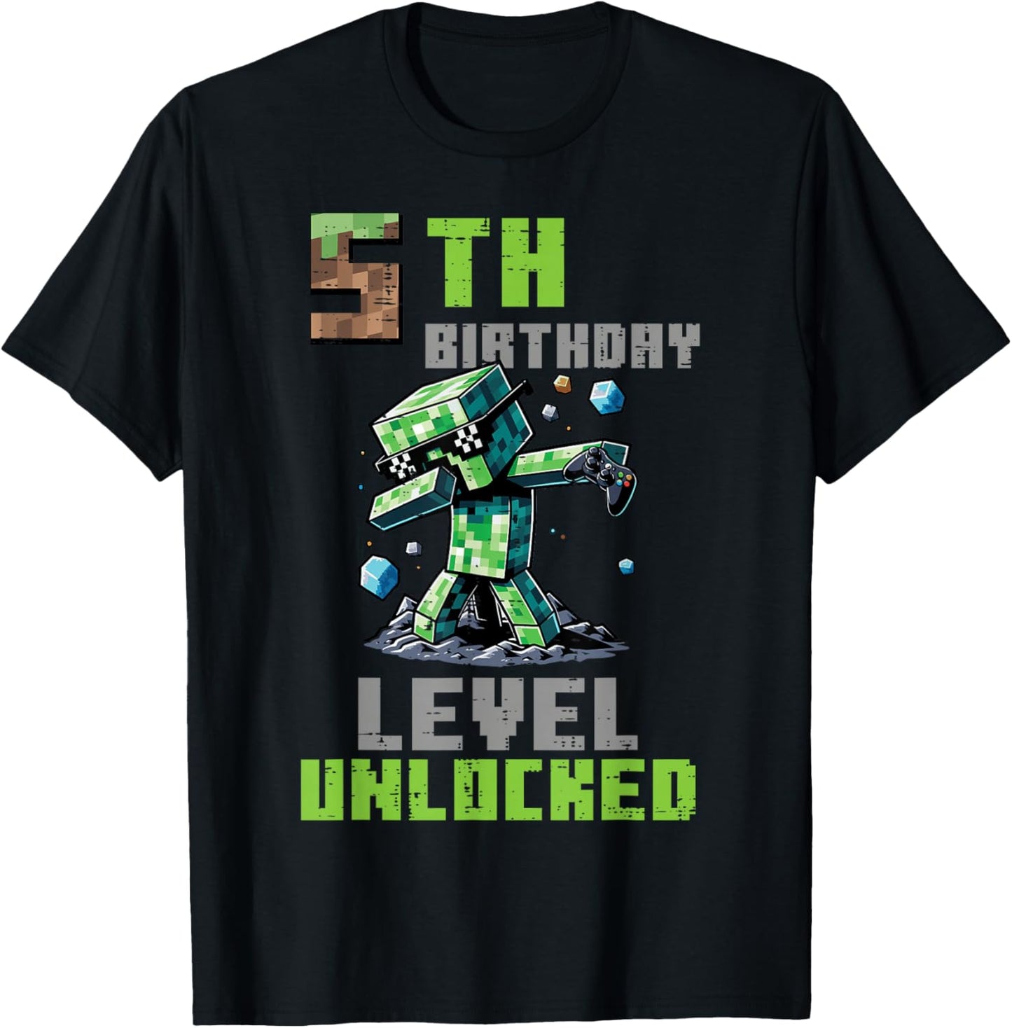 5th Birthday Level Unlocked Pixel Dab 5 Bday Gamer Boys Kids T-Shirt - T-Shirt | Black