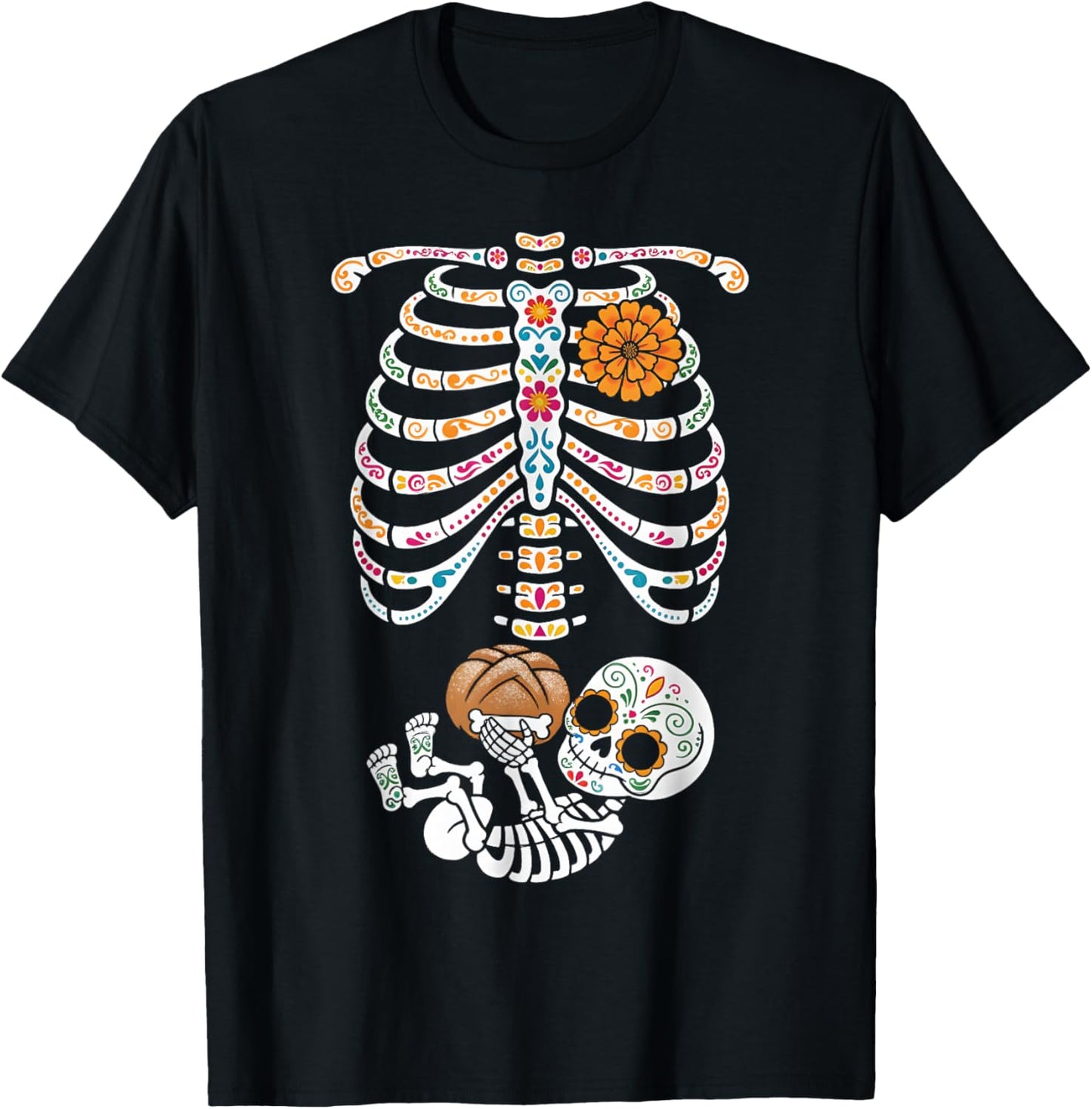 Pregnancy Skeleton Dia De Los Muertos Mexican Belly Bump T-Shirt - T-Shirt | Black