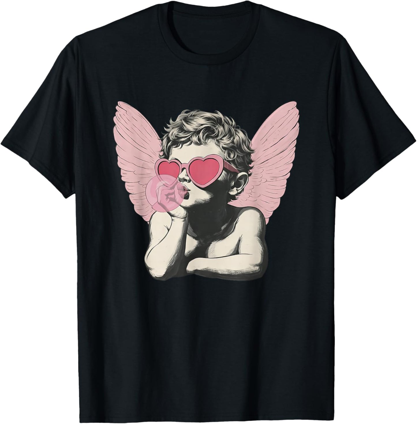 Vintage Cute Cupid in Sunglasses Blowing Bubble Valentine T-Shirt - T-Shirt | Black