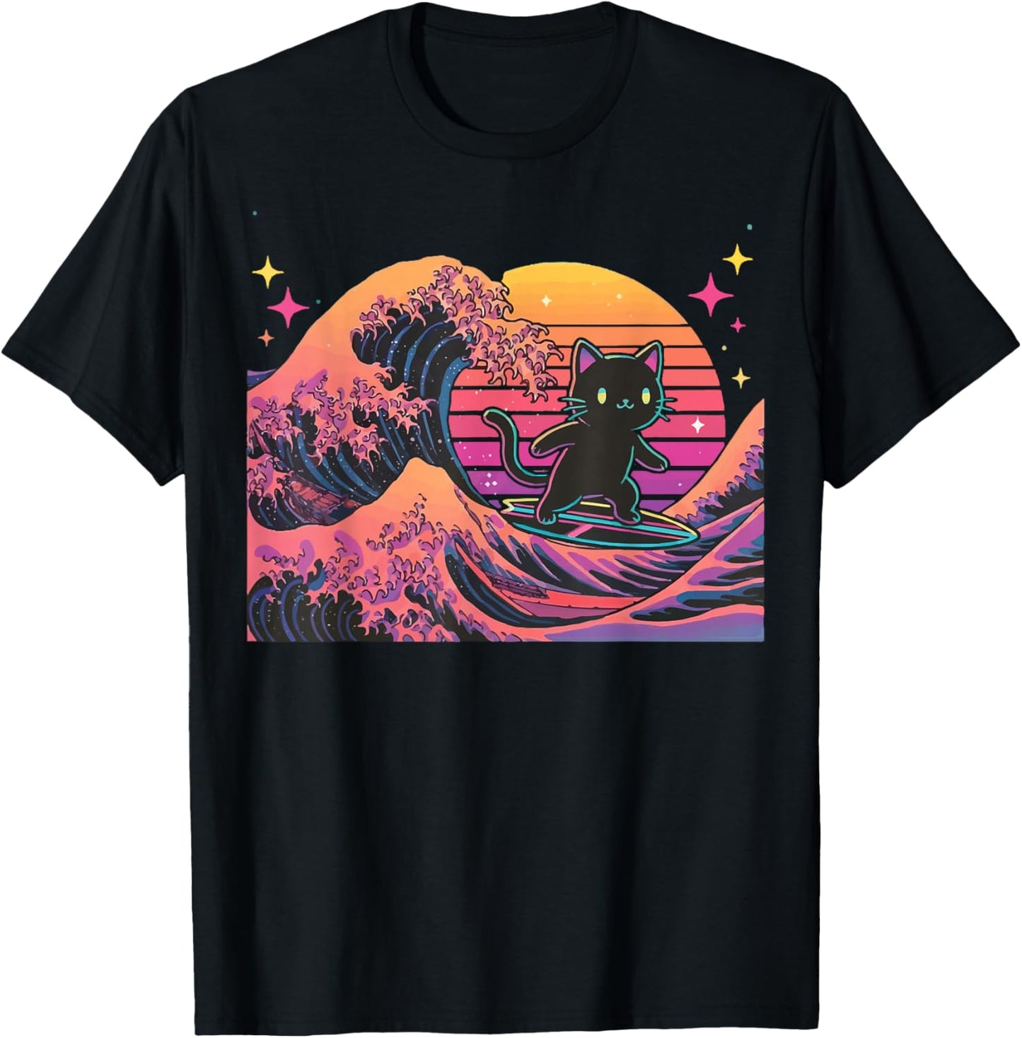 Cat Surfing Japanese T-Shirt - T-Shirt | Black