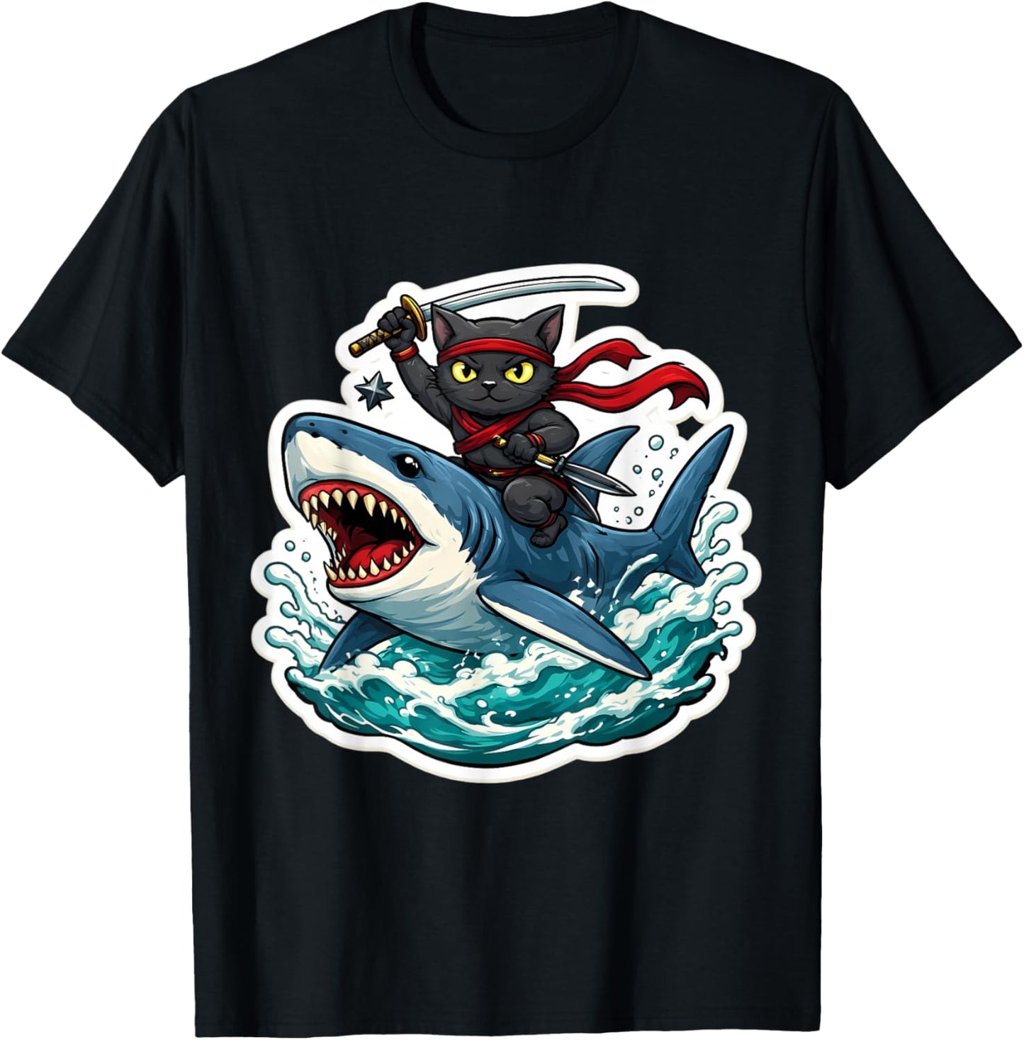 Ninja Cat Riding Shart Funny Cartoon Owner Feline Lover Art T-Shirt - T-Shirt | Black