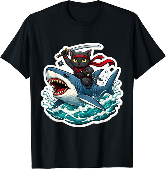 Ninja Cat Riding Shart Funny Cartoon Owner Feline Lover Art T-Shirt - T-Shirt | Black