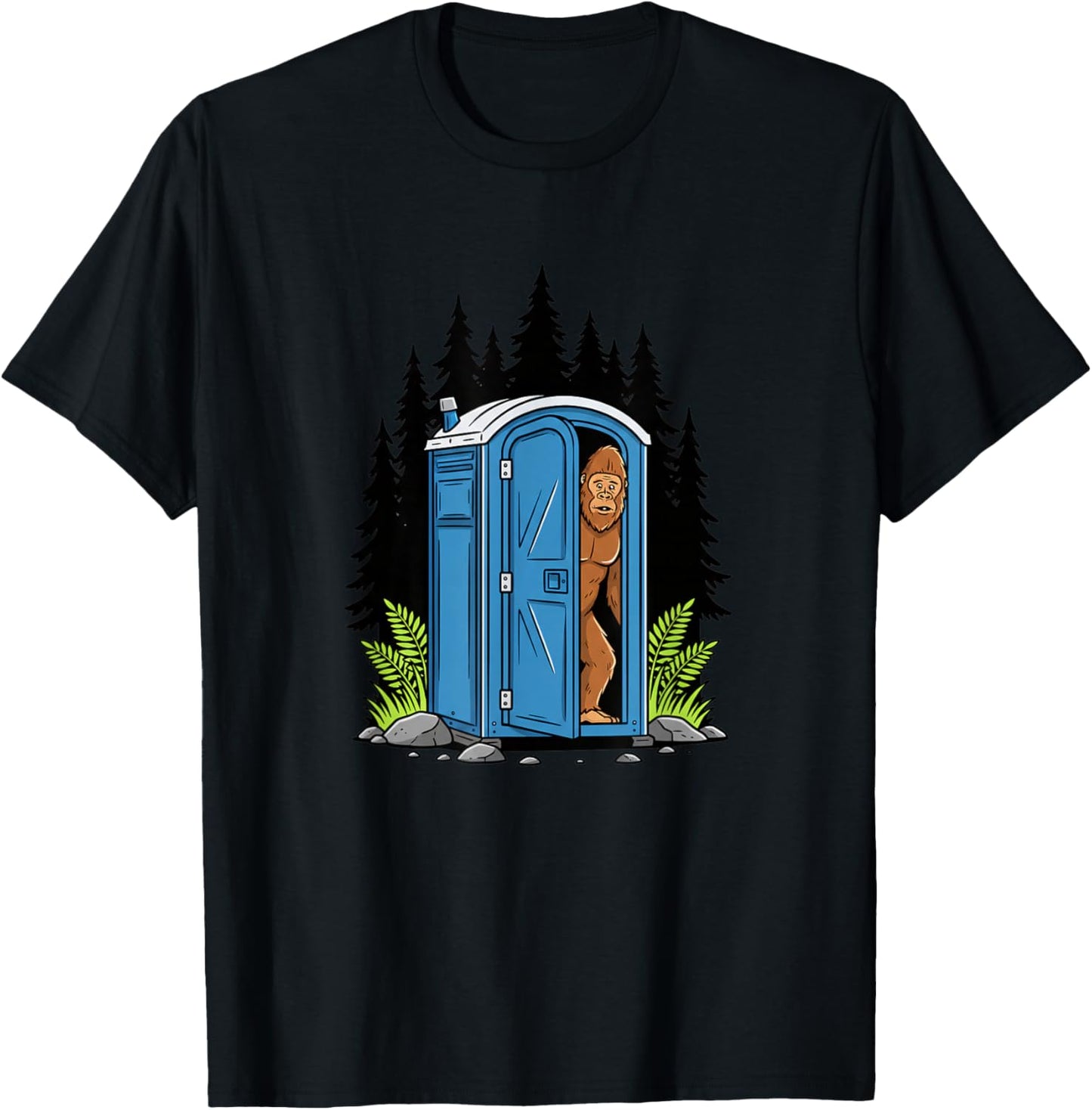 Bigfoot in Porta Potty Sasquatch Camping Funny Cryptid T-Shirt - T-Shirt | Black