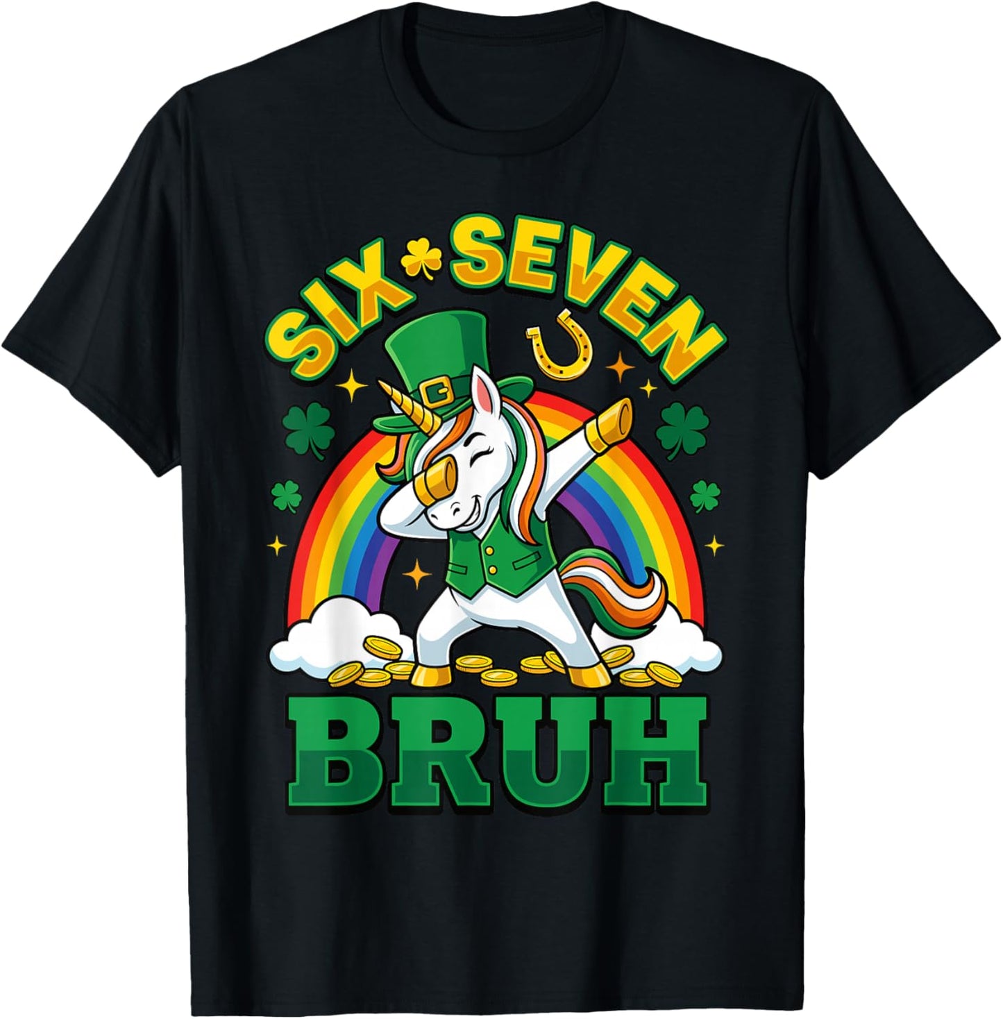 Bruh Six Seven Dabbing Unicorn St Patricks Day Kids Girls T-Shirt - T-Shirt | Black