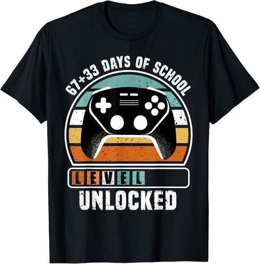 Funny 100 Days of School 67+33 Level Unlocked Gamers Boys T-Shirt - T-Shirt | Black