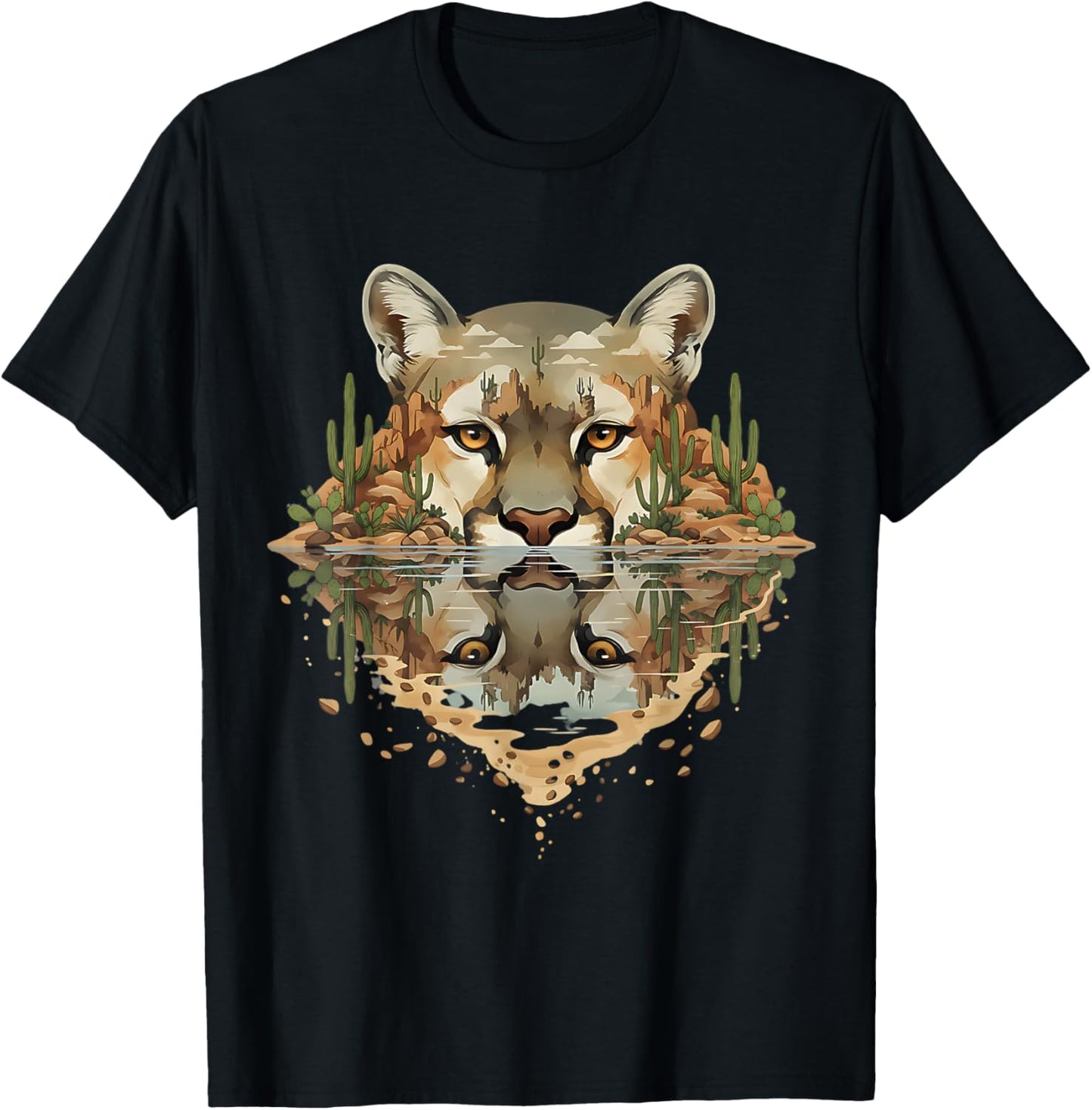 Powerful Cougar Desert Reflection Wildlife Depth Nature Art T-Shirt - T-Shirt | Black