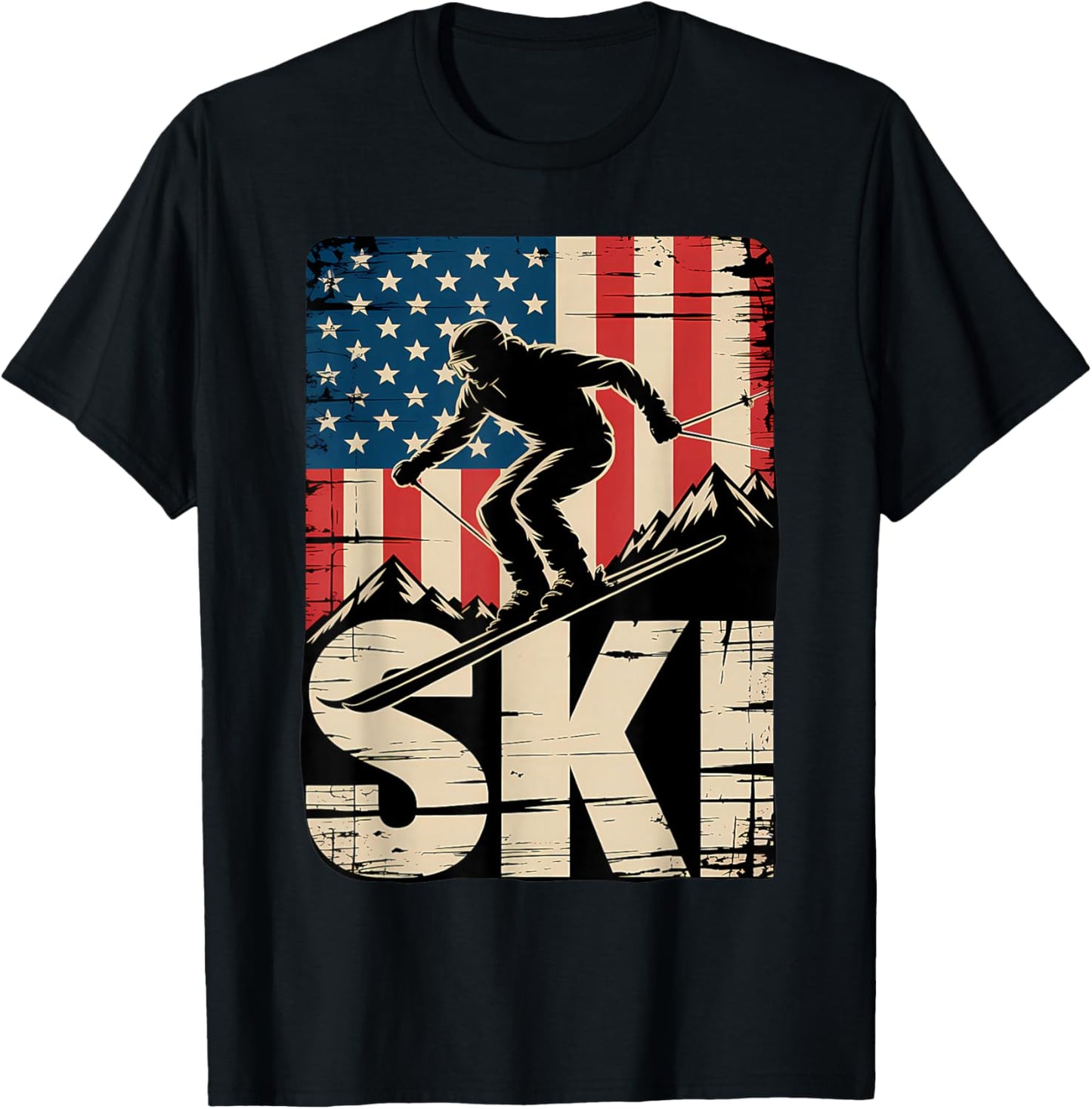 Ski USA Flag Winter Sport American Flag Skier Skiing T-Shirt - T-Shirt | Black