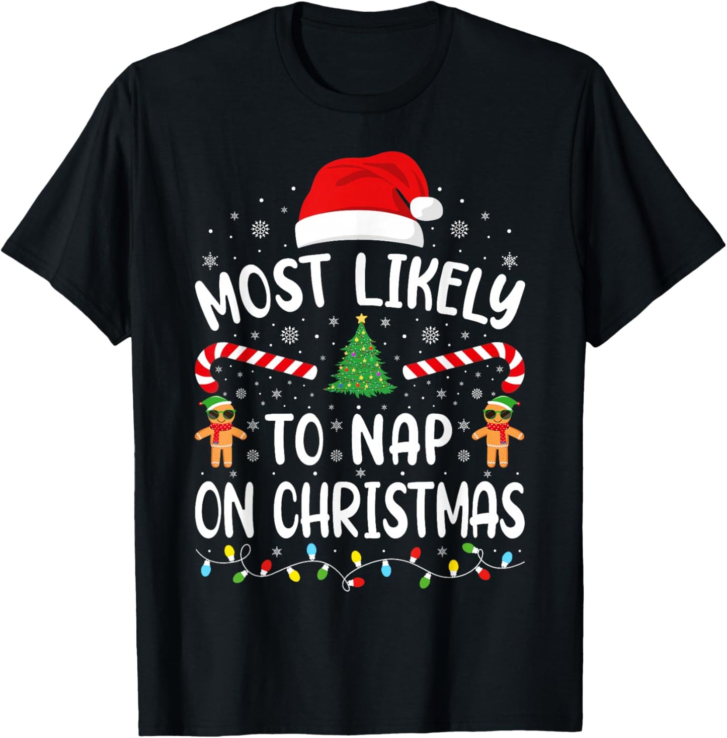 Most Likely to Nap On Christmas Family Matching Xmas Tree T-Shirt - T-Shirt | Black