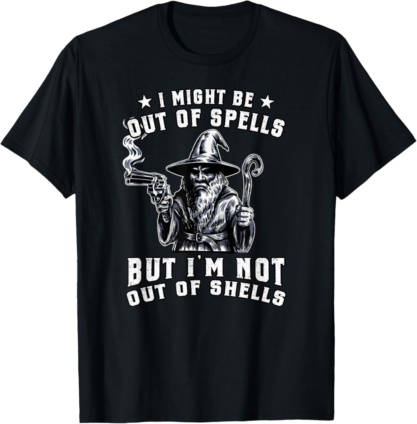 Funny Wizard Fantasy Meme Out of Spells Not Shells Vintage T-Shirt - T-Shirt | Black