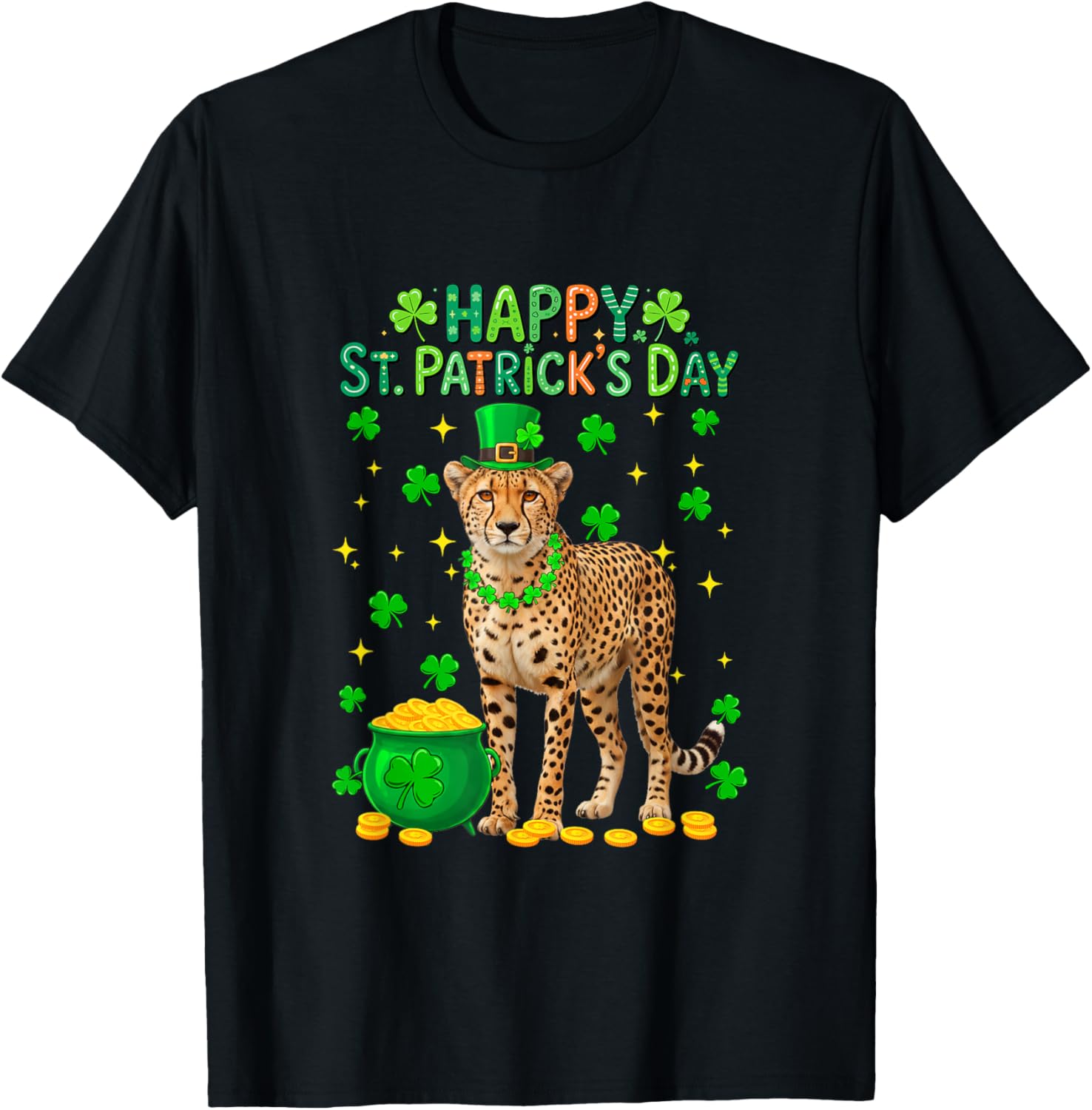 Happy St. Patrick's Day Cheetah Shamrocks Coins Lover Kids T-Shirt - T-Shirt | Black