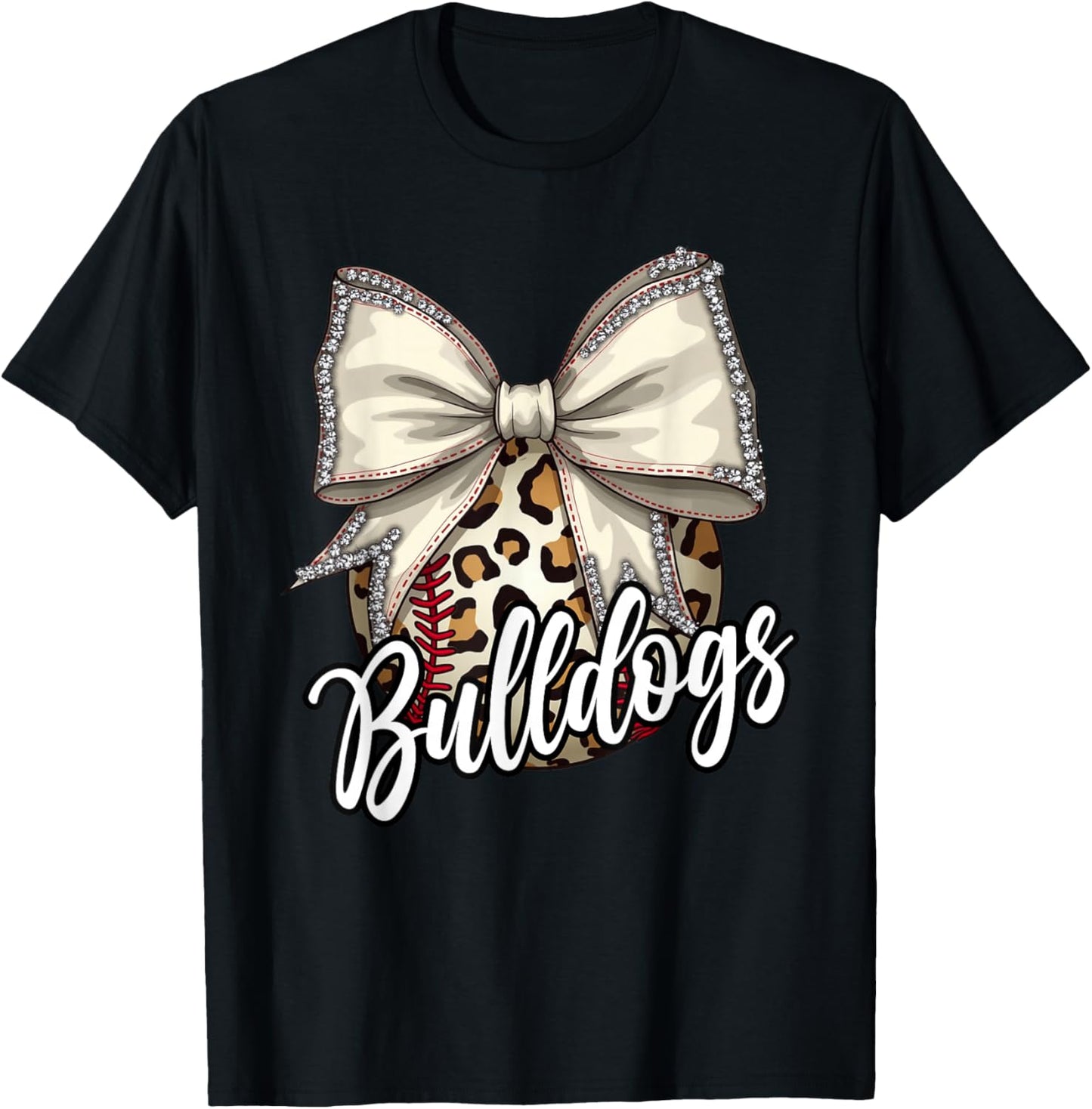 Bulldogs Baseball Mom Leopard Print Coquette Bow Mascot T-Shirt - T-Shirt | Black