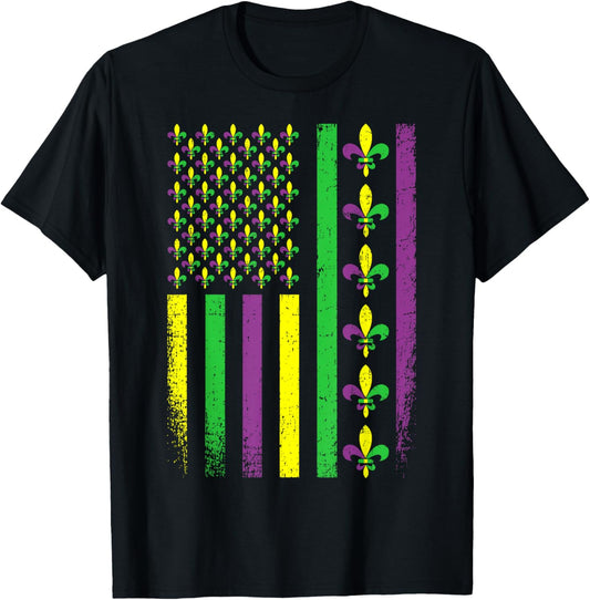 Mardi Gras Fleur De Lis US American Flag Men Women Kids T-Shirt - T-Shirt | Black