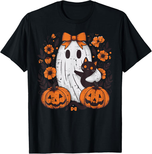 Halloween Ghost Black Cat Fall Season Women Girl Kid Toddler T-Shirt - T-Shirt | Black